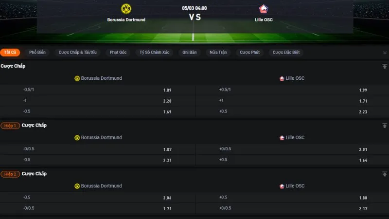 Bảng tỷ lệ kèo trận Dortmund vs Lille